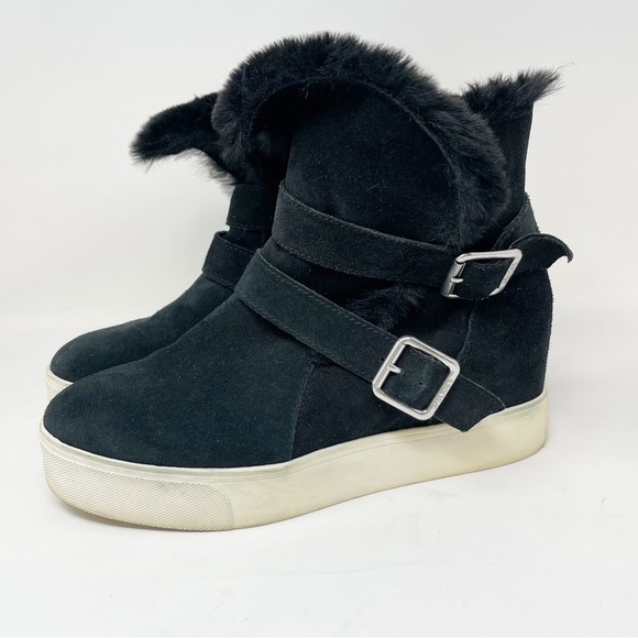 J/SLIDES Women’s Black Faux Fur Lined Winter Ankle Buckle Booties Size 8 - Picture 3 of 13